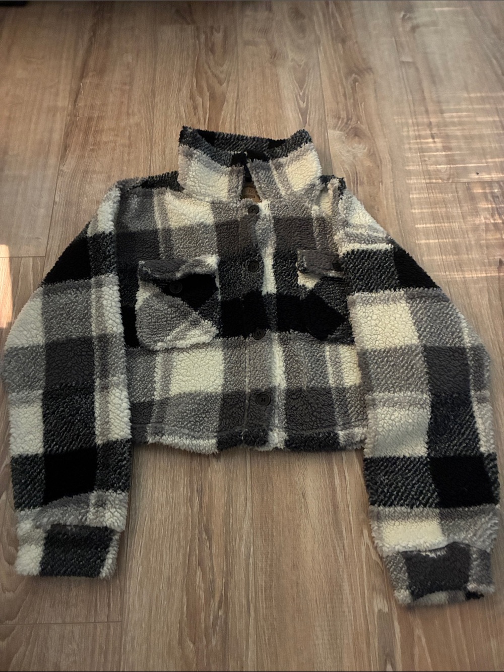 Pink Rose Black & White Plaid Sherpa Jacket